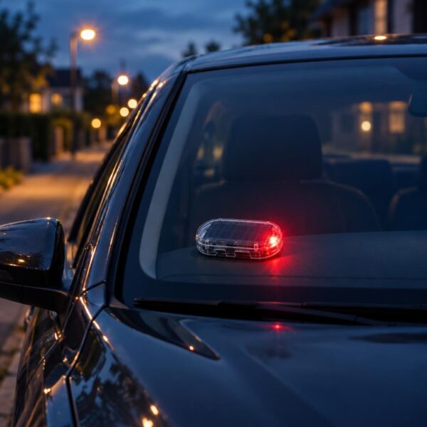 Dark car parked at dusk with a small clear solar-powered red warning light glowing on the dashboard.