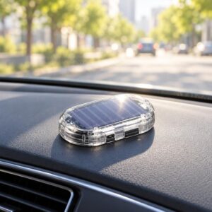 Clear oval solar-powered light on a car dashboard, with a blurred tree-lined street through the windshield.