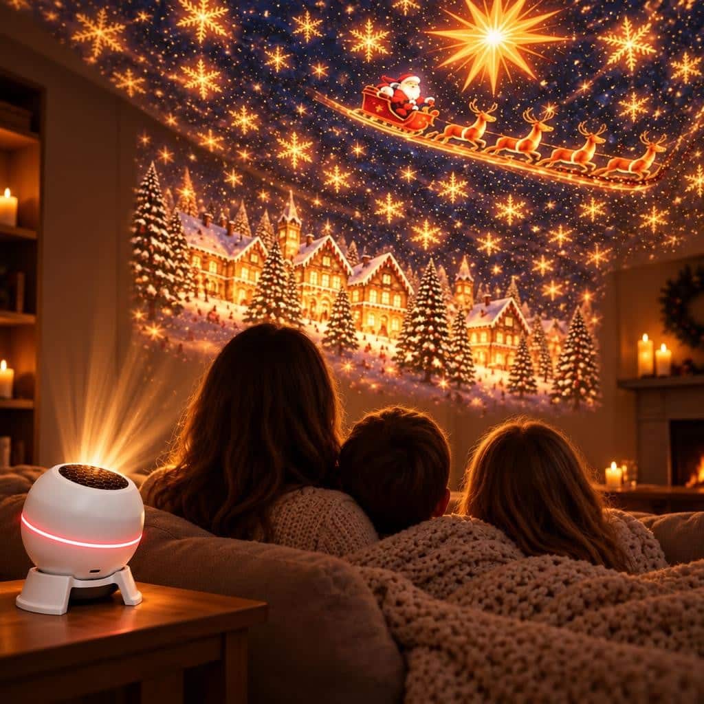 Three people sit on a sofa watching a Christmas scene of Santa's sleigh and reindeer projected onto a wall beside a white pro